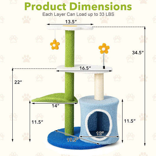 34.5 Inch 4-Tier Cute Cat Tree with Jingling Balls and Condo-Blue TechSavvyPets