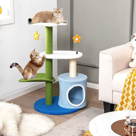 34.5 Inch 4-Tier Cute Cat Tree with Jingling Balls and Condo-Blue TechSavvyPets