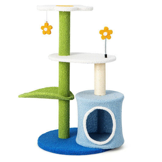 34.5 Inch 4-Tier Cute Cat Tree with Jingling Balls and Condo-Blue TechSavvyPets